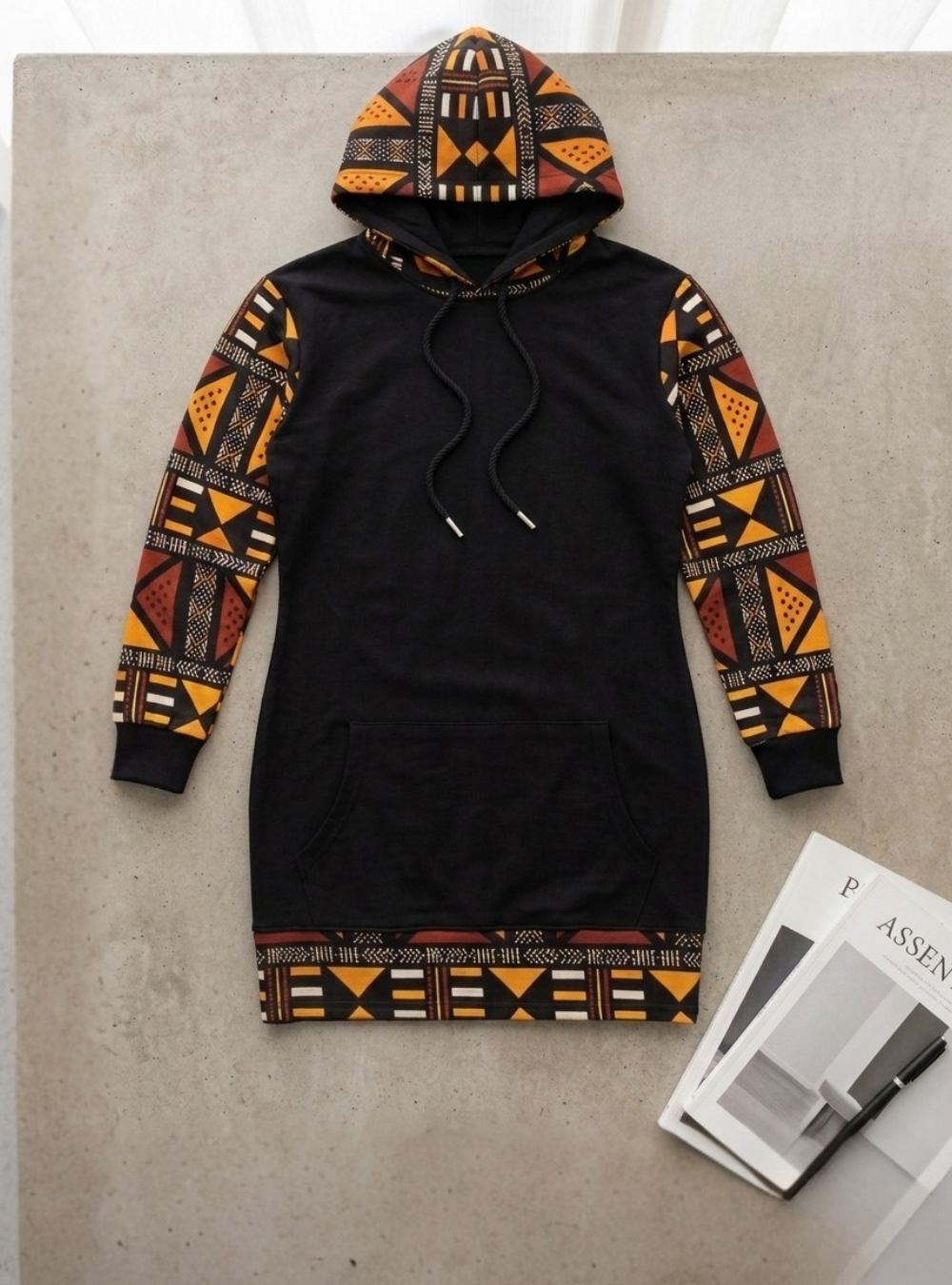 Ethnic Print Contrast Hoodie Mini Dress