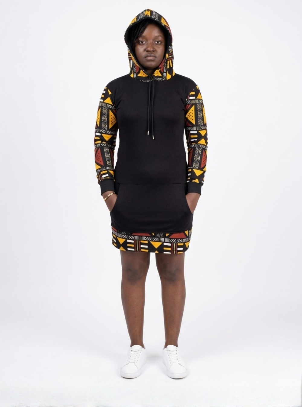 Ethnic Print Contrast Hoodie Mini Dress
