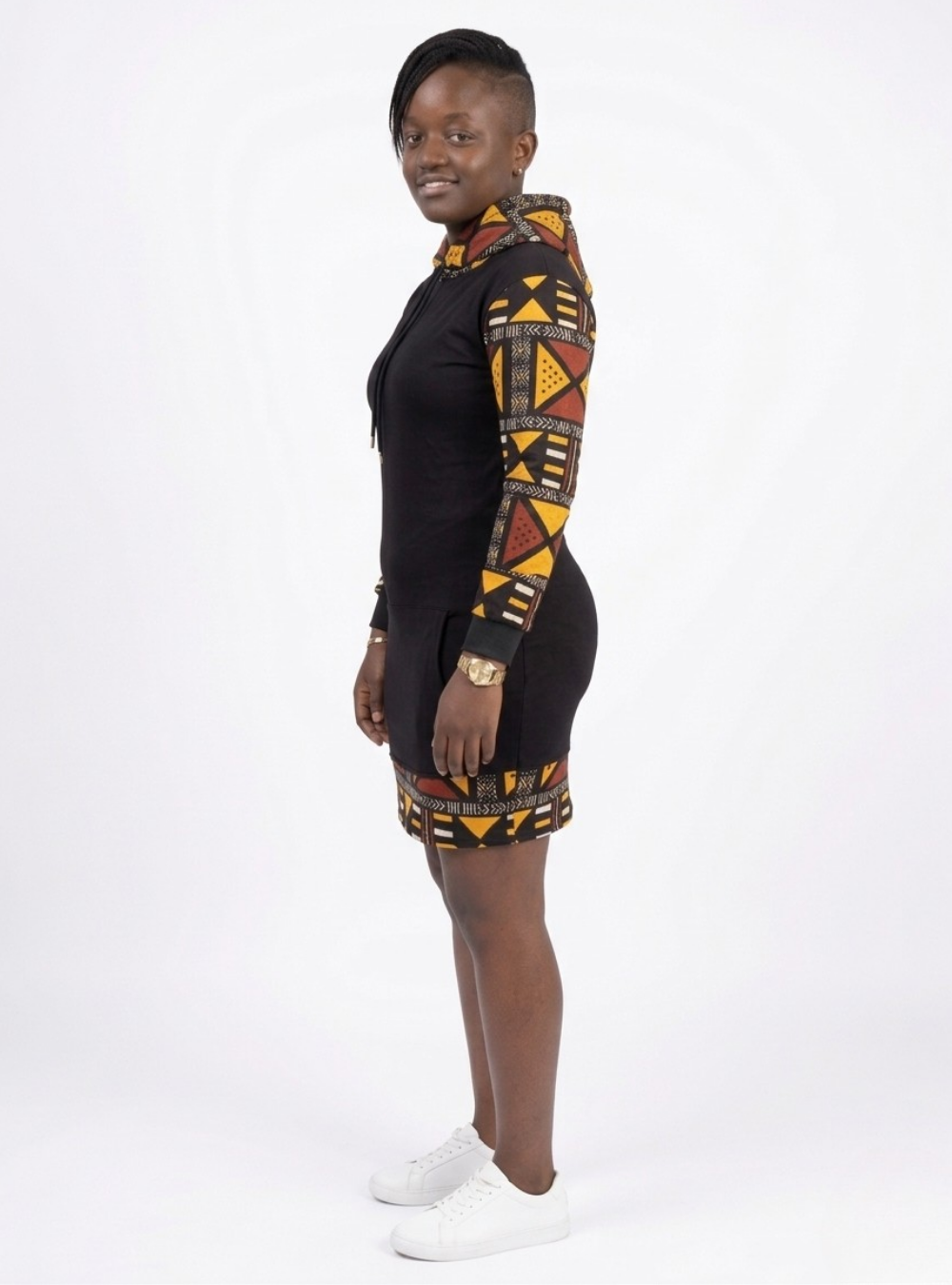 Ethnic Print Contrast Hoodie Mini Dress
