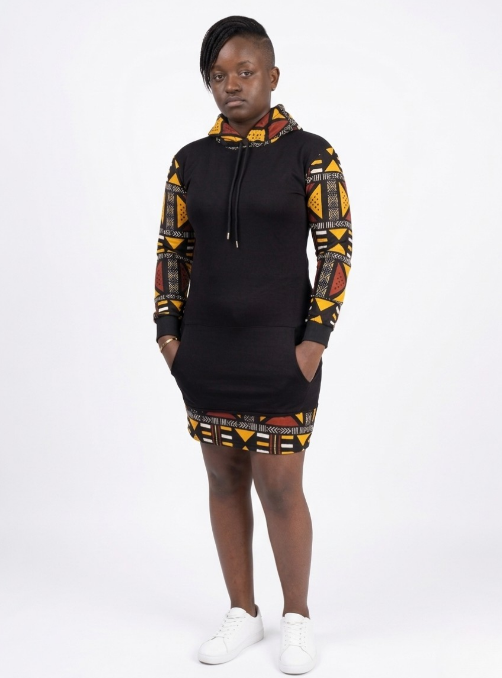 Ethnic Print Contrast Hoodie Mini Dress