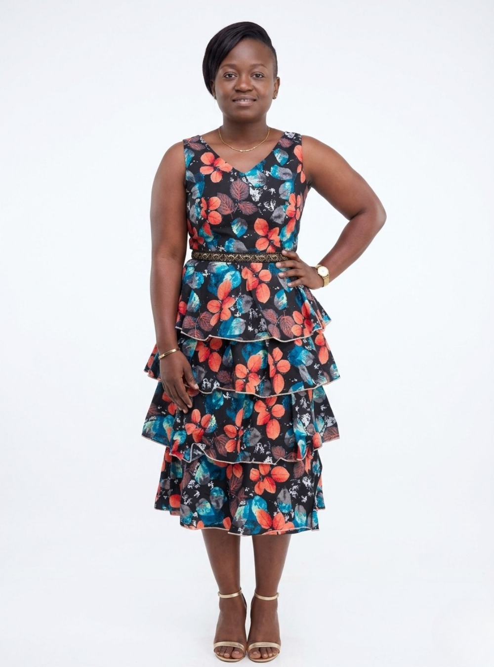 Vibrant Botanical Tiered Ruffle Midi Dress