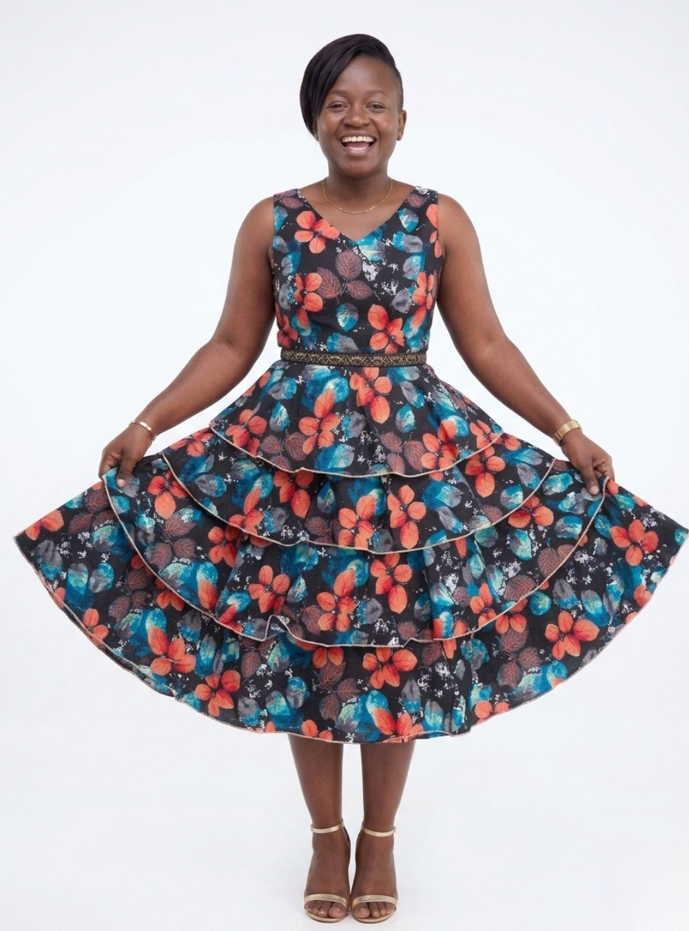 Vibrant Botanical Tiered Ruffle Midi Dress