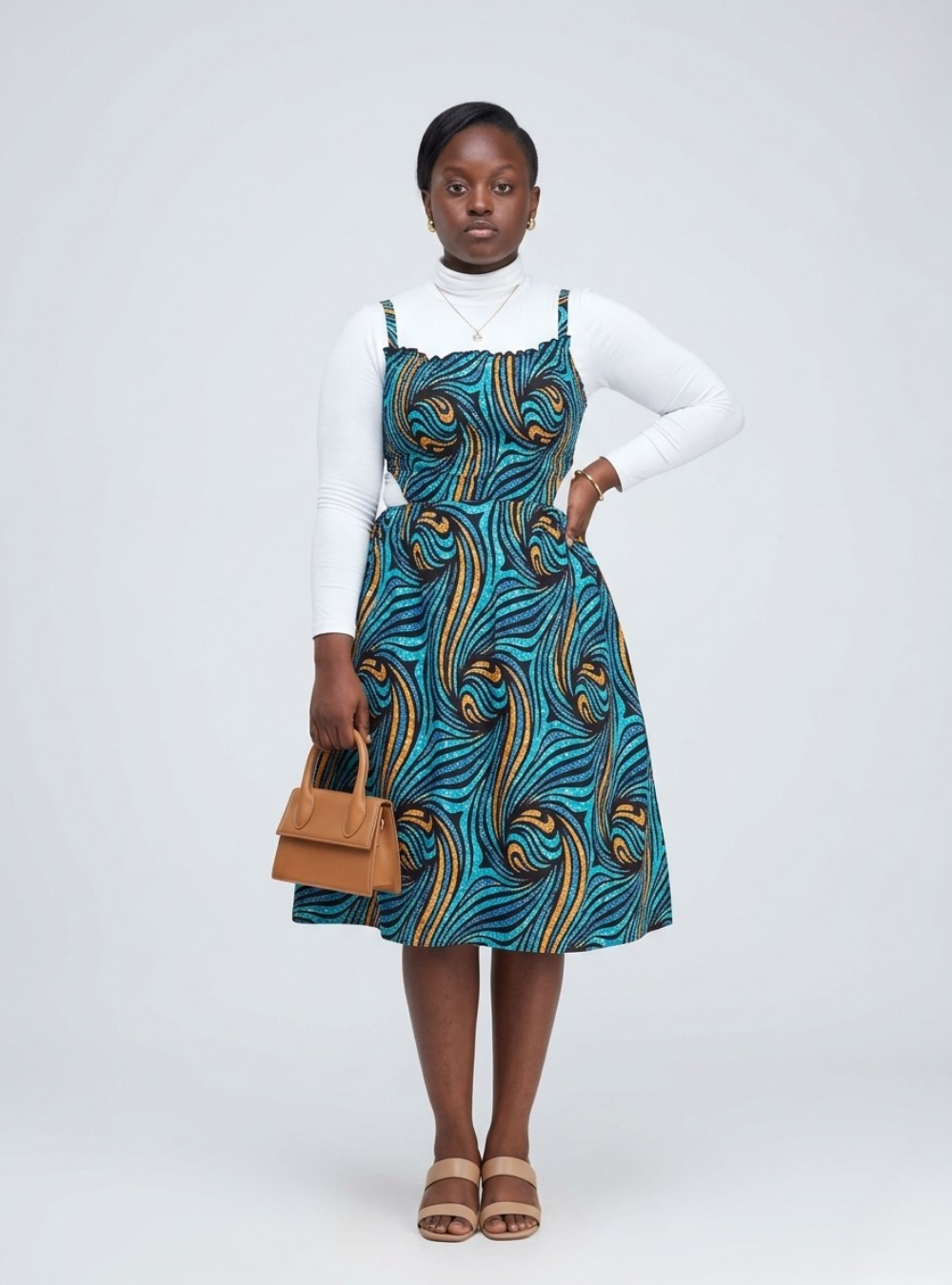 Teal Wave African Print Pinafore Dress & Mock Neck Set