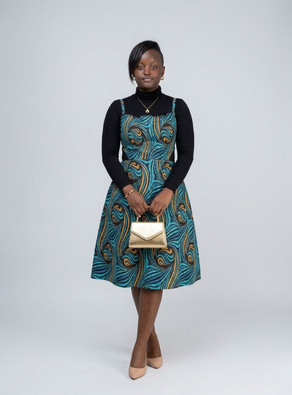 Teal Wave African Print Pinafore Dress & Mock Neck Set