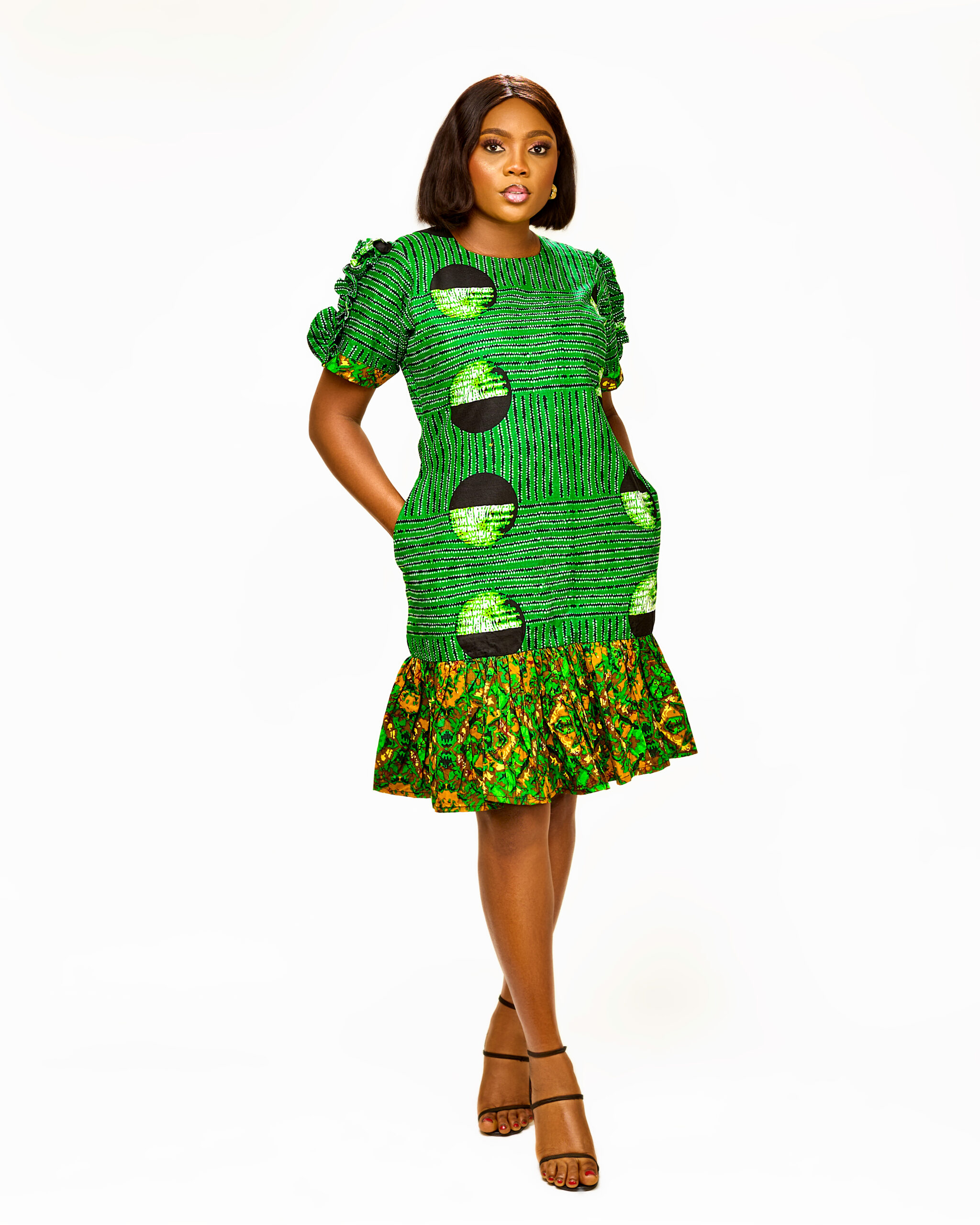 Vibrant Green Mixed-Print Ankara Shift Dress