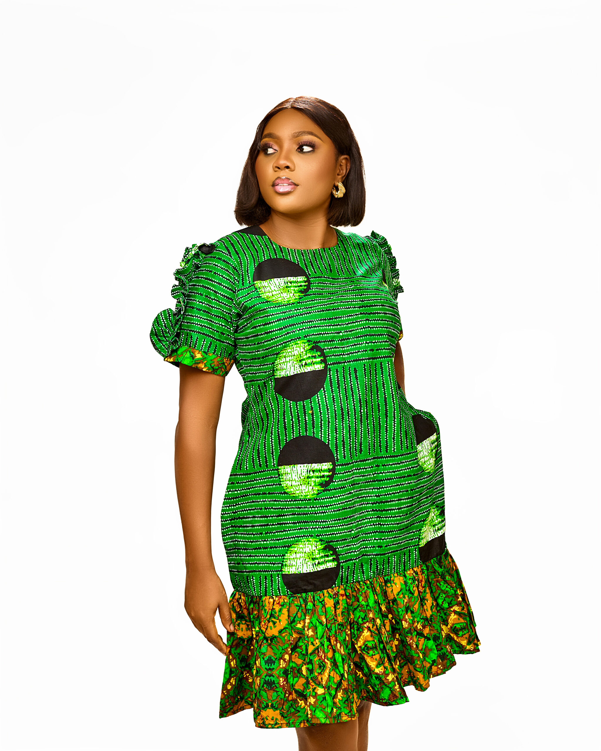 Vibrant Green Mixed-Print Ankara Shift Dress