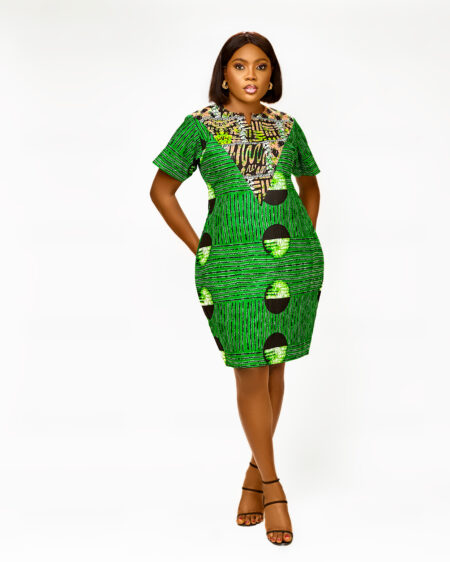 Vibrant Green Ankara Shift Dress with Contrast V-Neck Yoke