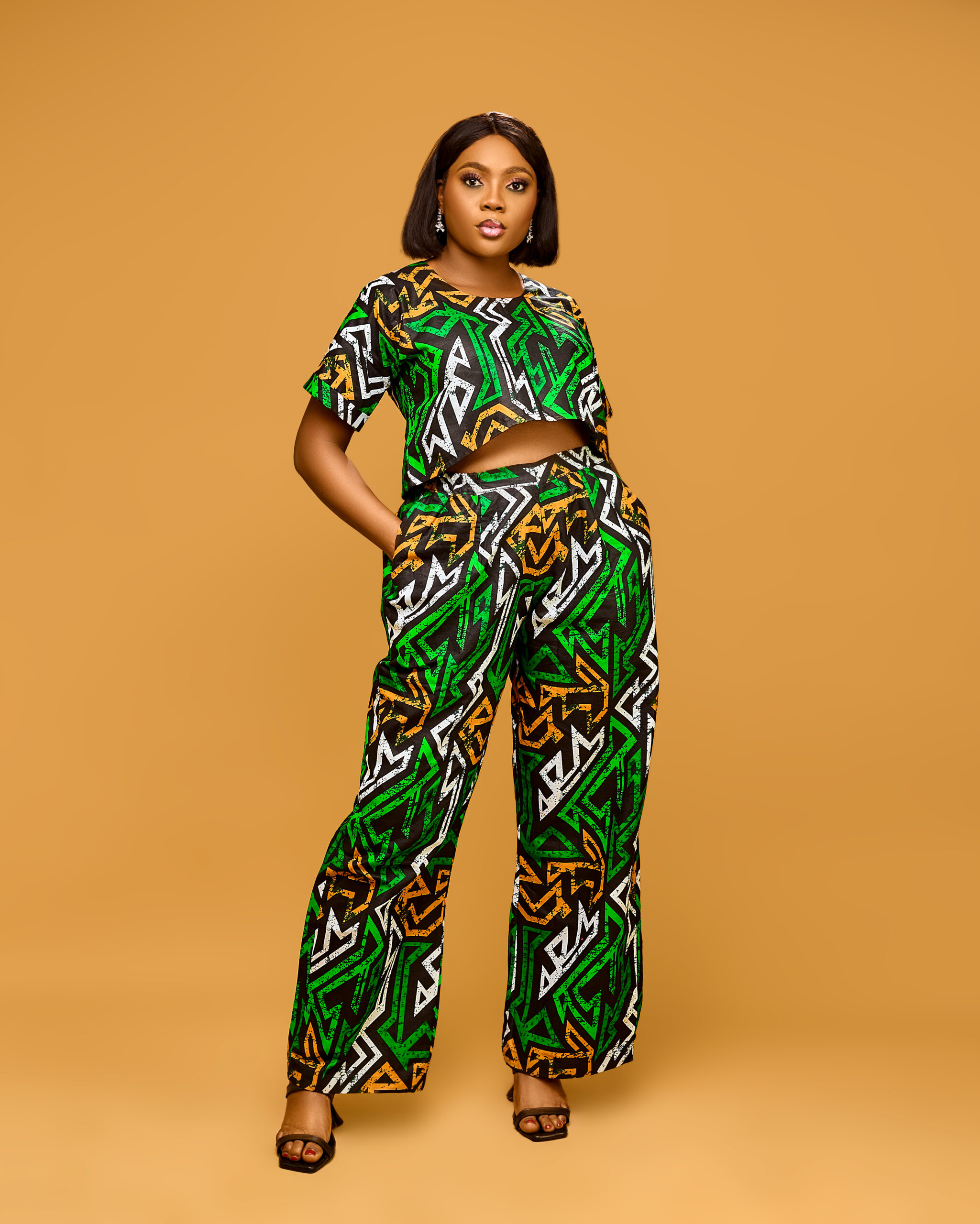 Vibrant Green Geometric Ankara Crop Top & Wide-Leg Trouser Set