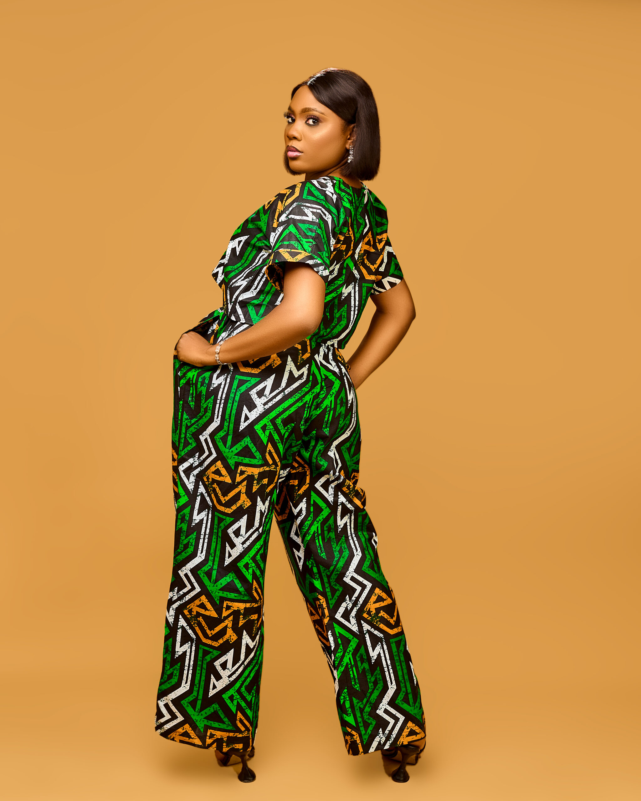 Vibrant Green Geometric Ankara Crop Top & Wide-Leg Trouser Set