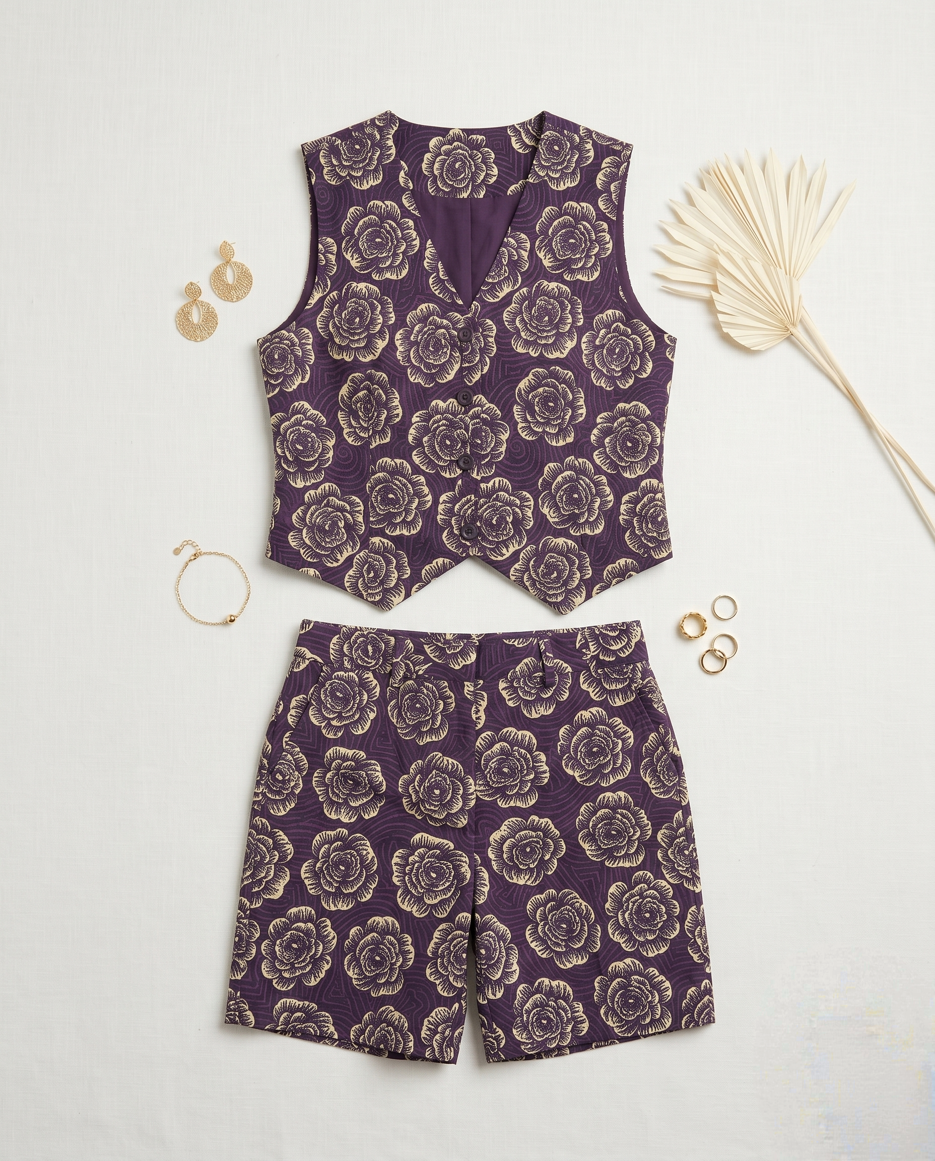 Royal Plum Floral Waistcoat & Tailored Shorts