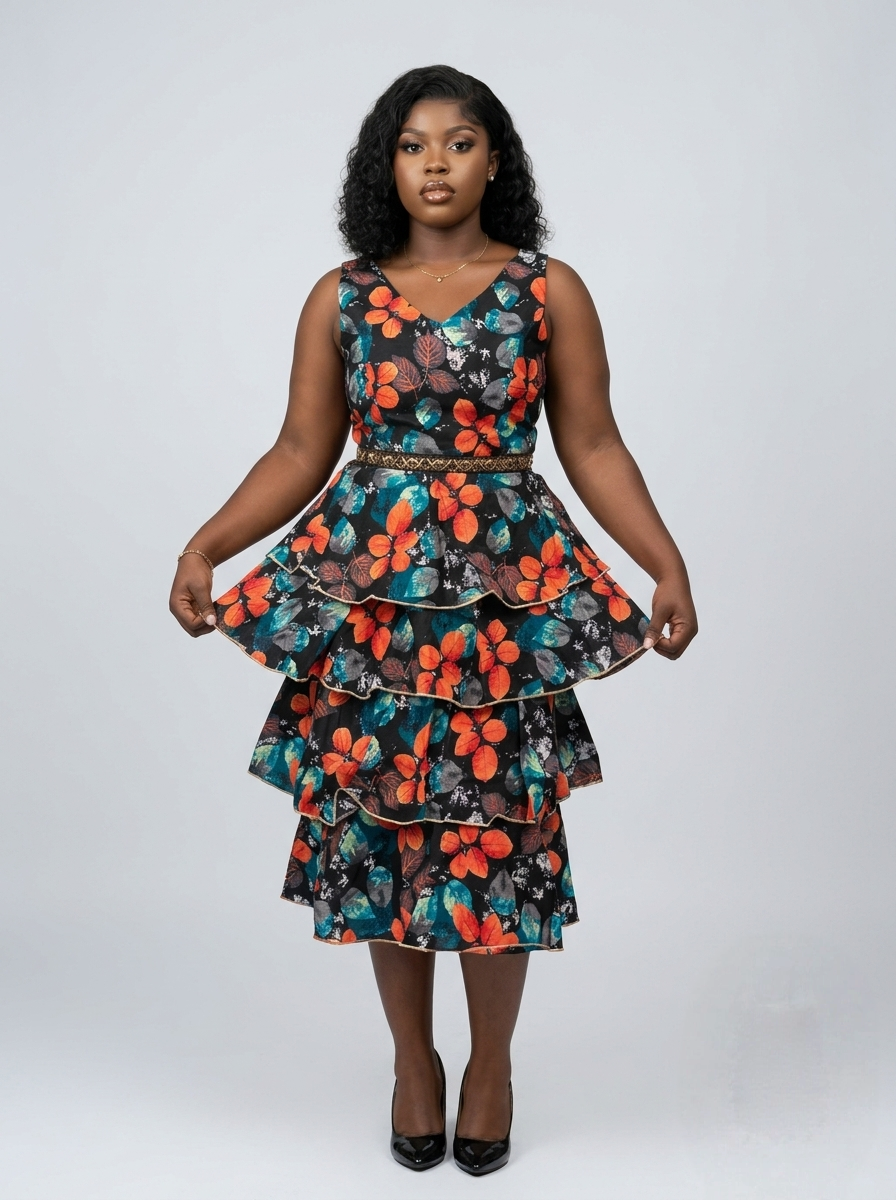 Vibrant Botanical Tiered Ruffle Midi Dress - Image 3