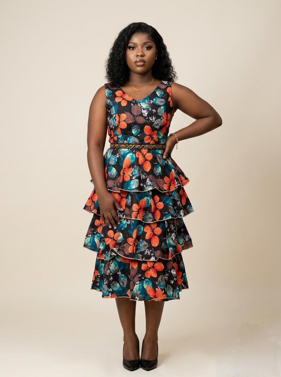 Vibrant Botanical Tiered Ruffle Midi Dress - Image 4