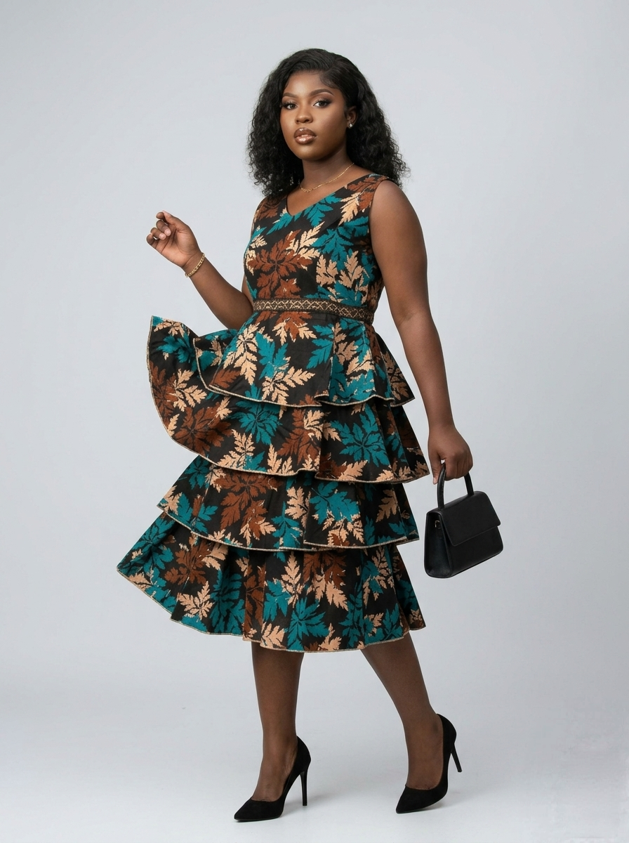 Earthy Botanical Print Tiered Midi Dress - Image 3