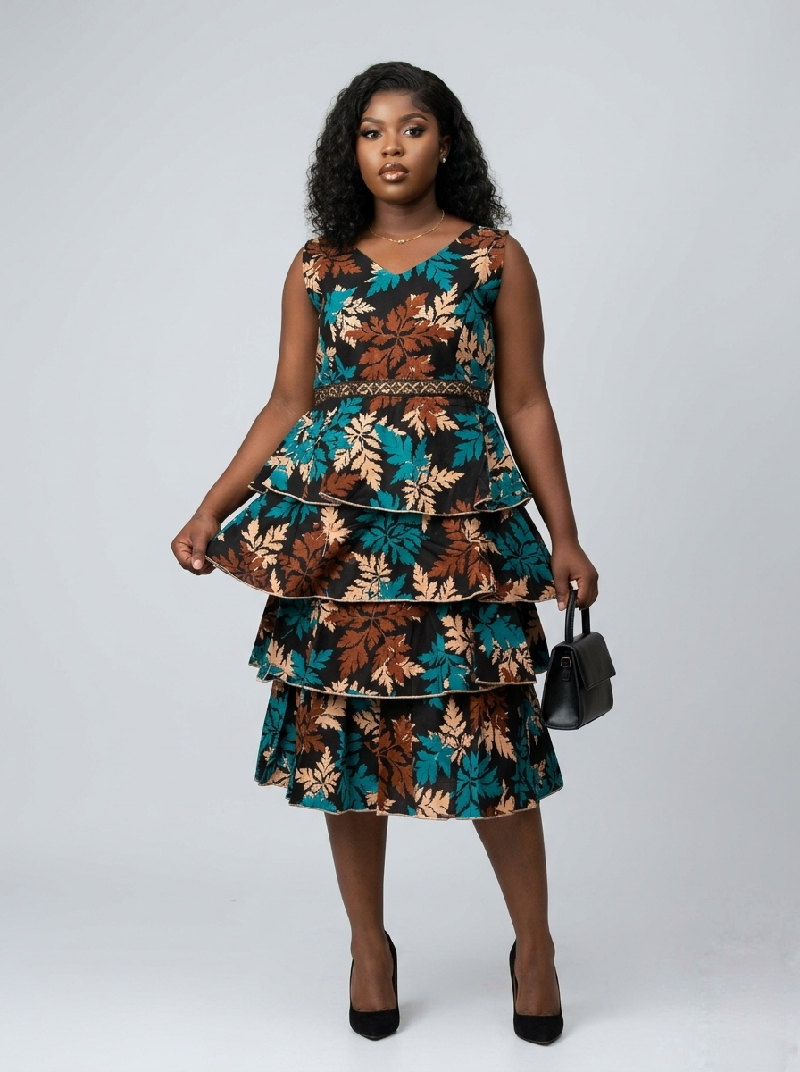 Earthy Botanical Print Tiered Midi Dress