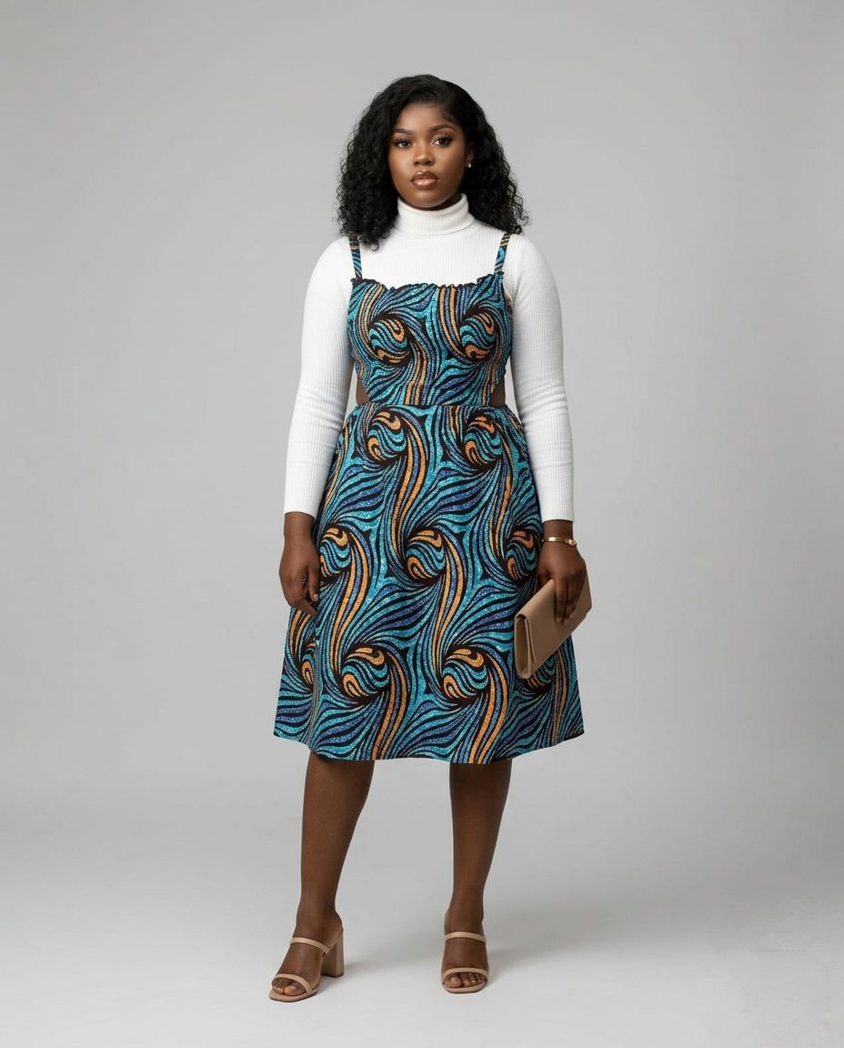 Teal Wave African Print Pinafore Dress & Mock Neck Set