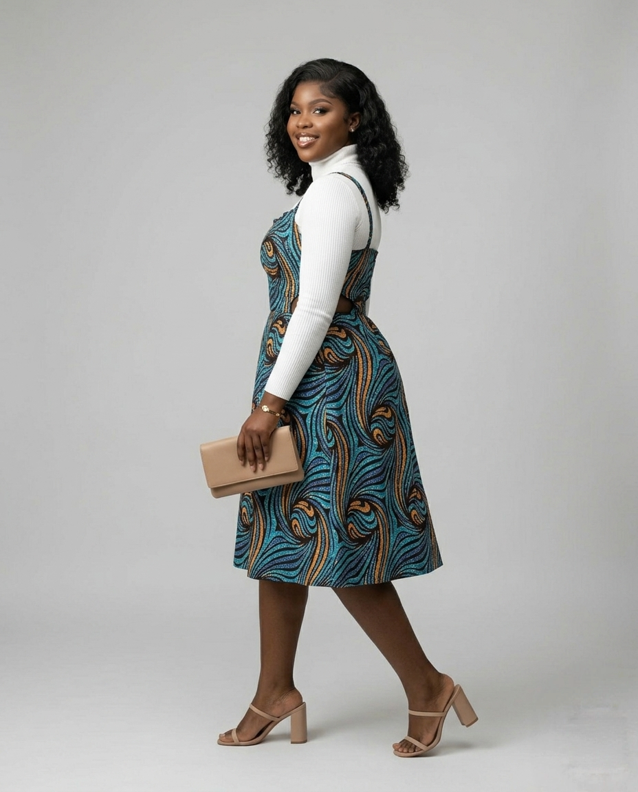 Teal Wave African Print Pinafore Dress & Mock Neck Set - Image 3