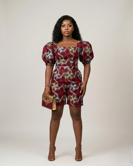 Geometric Ankara Print Puff-Sleeve Romper (Jumpsuit)