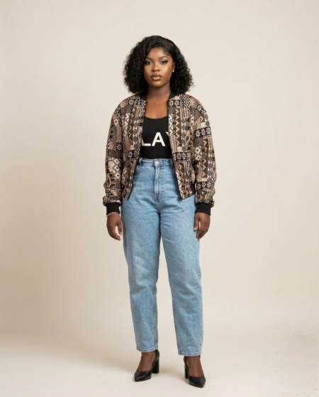 Geometric Print Zip-Up Bomber Jacket - Black & Beige