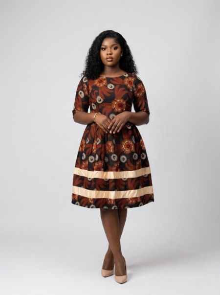 Copper Bloom African Print Pleated Midi Dress