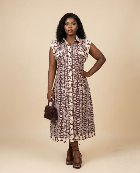 Geometric Wave Print Button-Down Shirt Dress - Brown & Cream