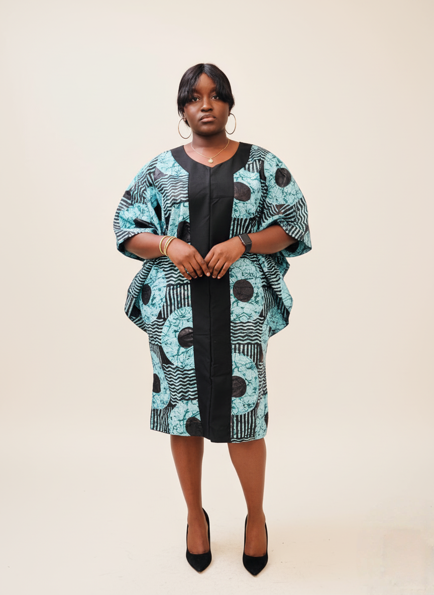 Turquoise & Black Abstract Print Batwing Kaftan Dress
