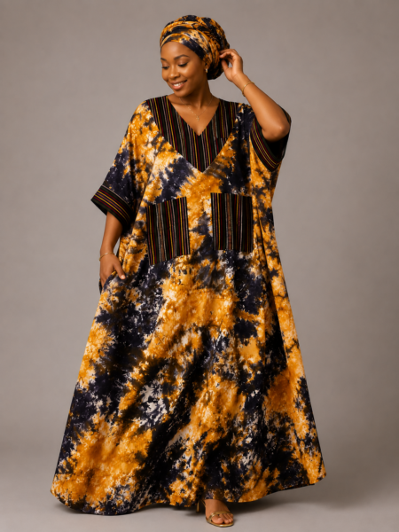 Handcrafted Adire Boubou Gown with Multicolour Striped Neck Panel