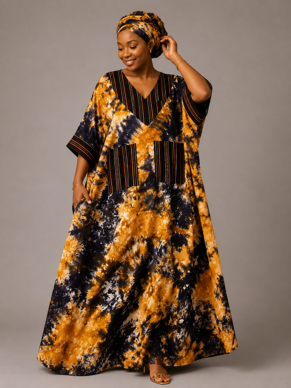 Handcrafted Adire Boubou Gown with Multicolour Striped Neck Panel
